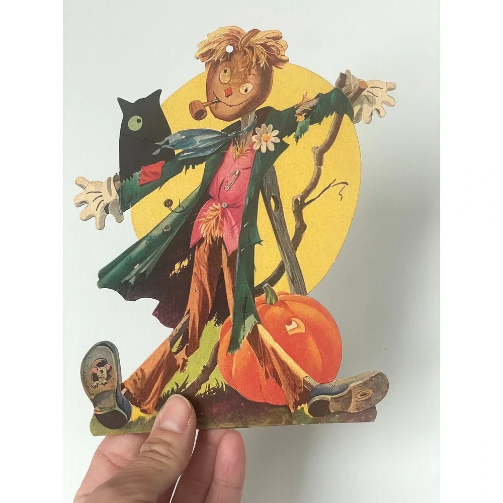 Vintage Halloween Die Cut – Scarecrow, Owl, and Pumpkin Decoration